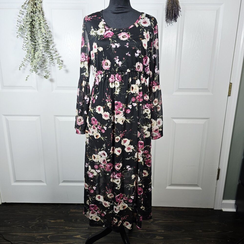 Elliott & Vine Black Floral Dress 2X NWT Peasant Cottage Fairy